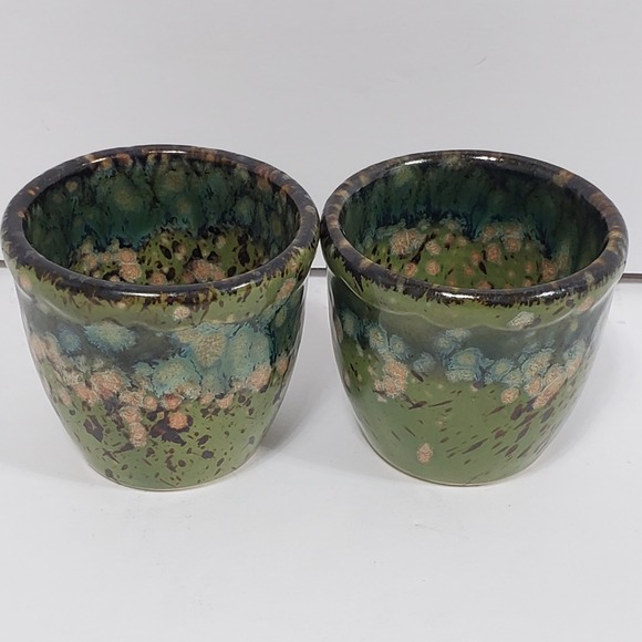 J Beaumont  Pottery Candle Holder Green Drip Glaze Tea of 2 Handcrafted